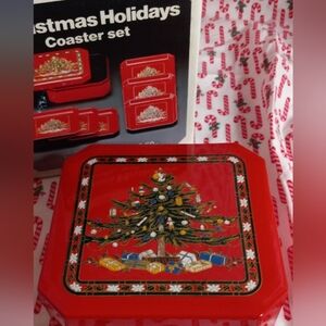 Vintage Red Lacquer 6 Piece Christmas Holiday Coasters Made in Japan.